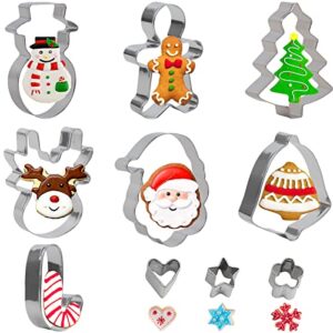 derayee 10pcs christmas cookie cutters, christmas metal cookie cutter shapes snowflake, snowman, candy cane stainless steel cookie cutters for baking