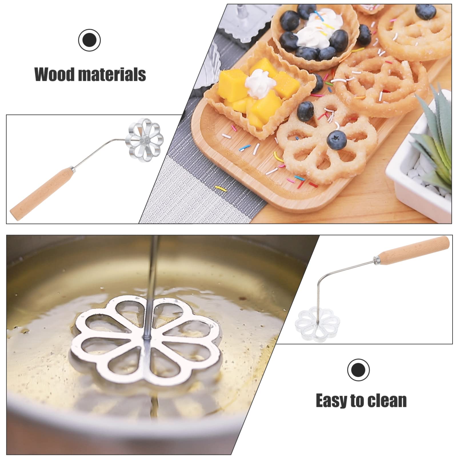 Hemoton Aluminum Waffle Mold, Rosette Timbale Mold, Wooden Handle Frying Mold for Rosette Bunuelos Cookie (Flower Pattern)