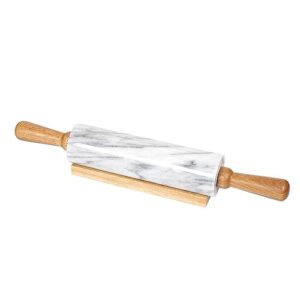 creative home deluxe natural marble rolling pin with wooden handles and cradle kitchen baking pastry tools for pizza dough fondant pie crust, 2.3" diam. x 18" l, off-white (color may vary)