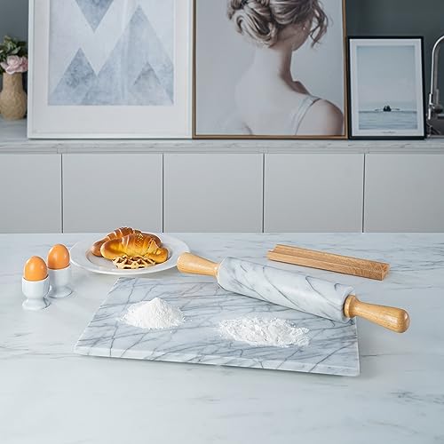 Creative Home Deluxe Natural Marble Rolling Pin with Wooden Handles and Cradle Kitchen Baking Pastry Tools for Pizza Dough Fondant Pie Crust, 2.3" Diam. x 18" L, Off-White (color may vary)