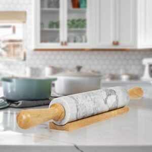 Creative Home Deluxe Natural Marble Rolling Pin with Wooden Handles and Cradle Kitchen Baking Pastry Tools for Pizza Dough Fondant Pie Crust, 2.3" Diam. x 18" L, Off-White (color may vary)