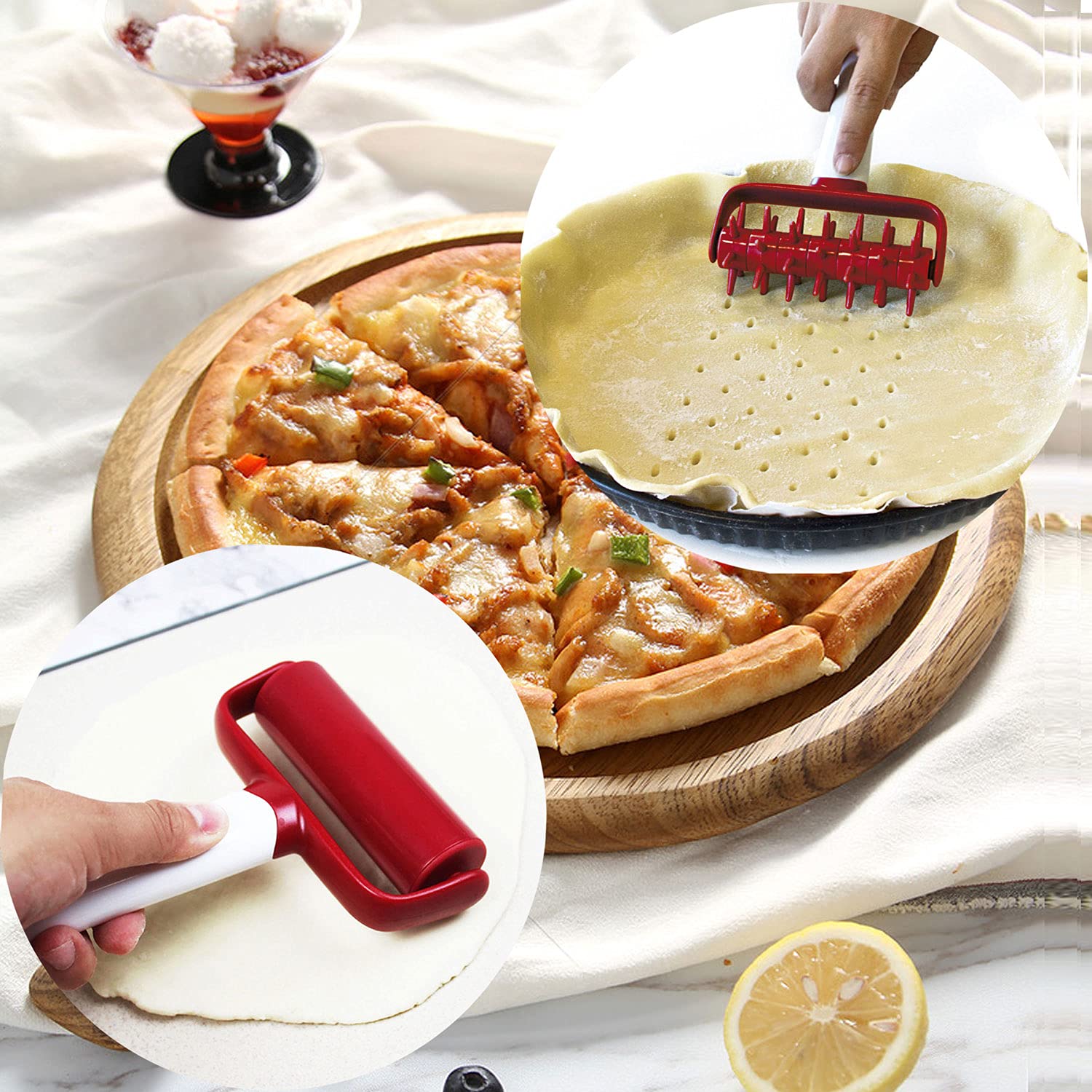 AooBaBa Pizza Dough Roller and Docker and Silicone Pastry Dough Mat and Dough Scraper Cutter Time-Saver Dough Tools Set 5 Pieces