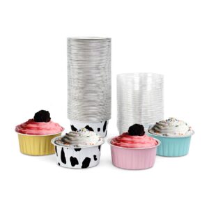 spec101 aluminum foil mini cake pans with lids - 100pk 4 color disposable ramekins 5oz muffin tins cupcake liners