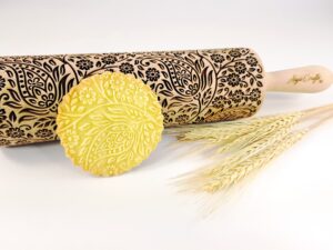 kashmir pattern embossed rolling pin. engraved dough roller with paisley for embossed cookies and pottery by algis crafts