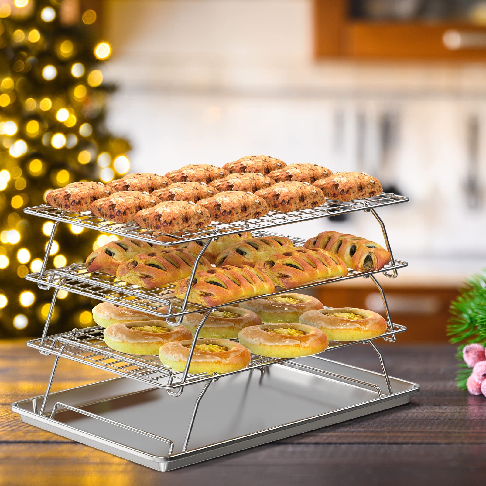 Blackhoso 3-Tier Cooling Rack with Baking Sheet for Cookies Cakes Pies, Baking Jerky Rack 304 Stainless Steel, Oven & Dishwasher Safe