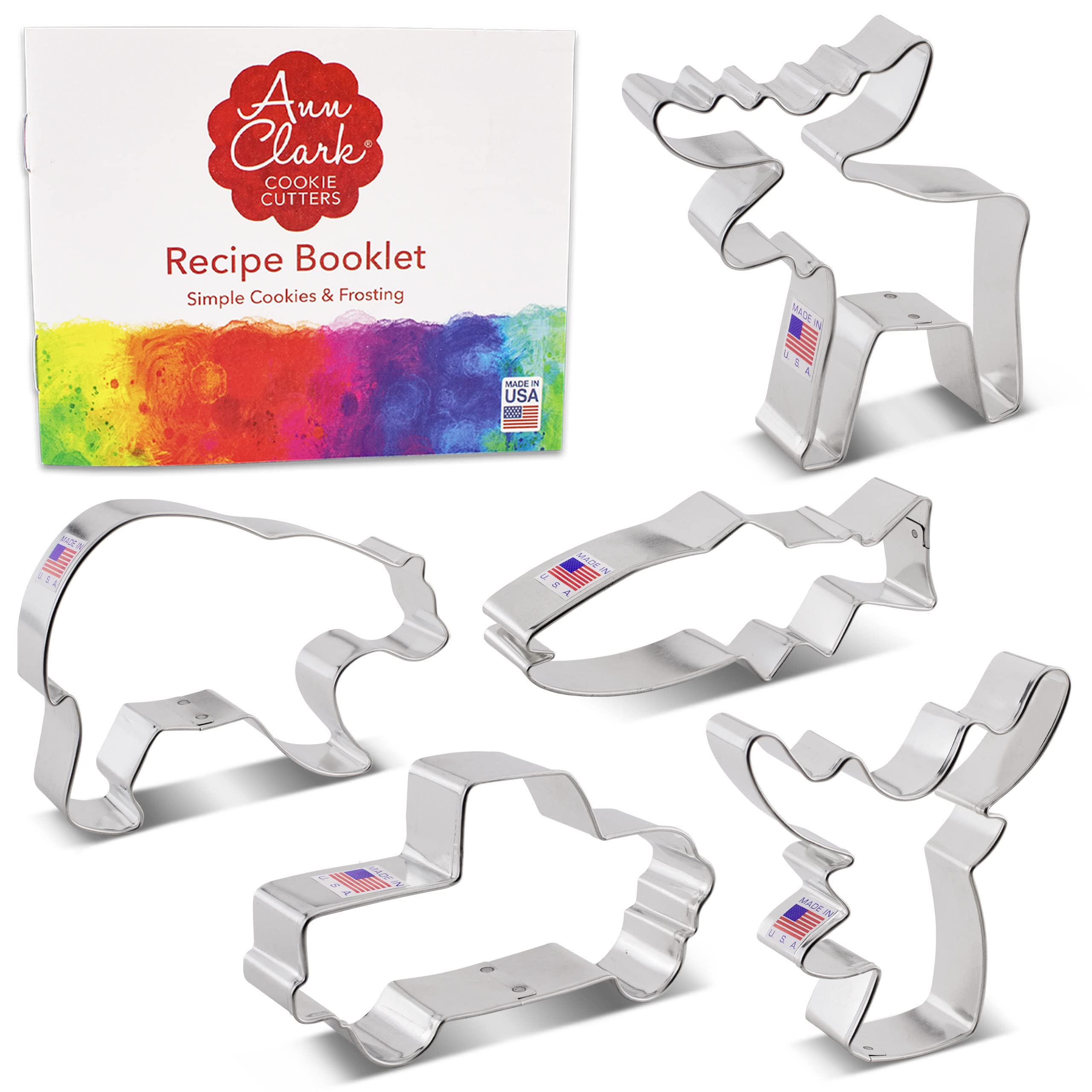 Hunting Cookie Cutters 5-Pc. Set Made in USA by Ann Clark, Deer Head, Grizzly Bear, Moose, Trout Fish, Truck