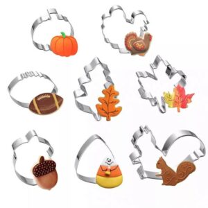 fall thanksgiving cookie cutters set - 8 pieces - pumpkin, football,turkey, maple leaf, oak leaf,squirrel,candy corn and acorn- stainless steel