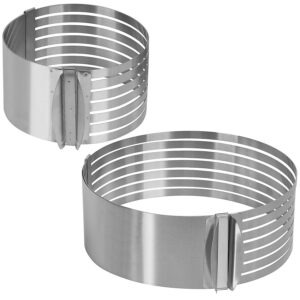 keileoho layer cake slicer set, 2 pcs stainless steel adjustable 7 layered bread cutter ring with respective diameter of 6-8 inches and 9-12 inches 3.4 inches high