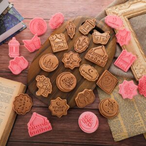 16 Pieces Eid Mubarak Cookie Cutters with Plunger Stamps Set Ramadan Islamic Muslim Biscuit Mold Star Lantern Moon 3D Cookie Stamper Mini Ramadan Plastic DIY Cookie Tools for Baking Fondant Supplies