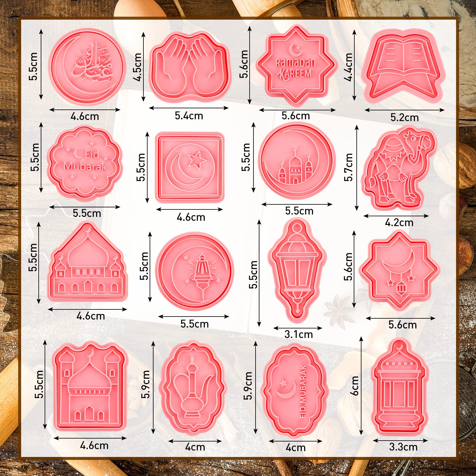 16 Pieces Eid Mubarak Cookie Cutters with Plunger Stamps Set Ramadan Islamic Muslim Biscuit Mold Star Lantern Moon 3D Cookie Stamper Mini Ramadan Plastic DIY Cookie Tools for Baking Fondant Supplies