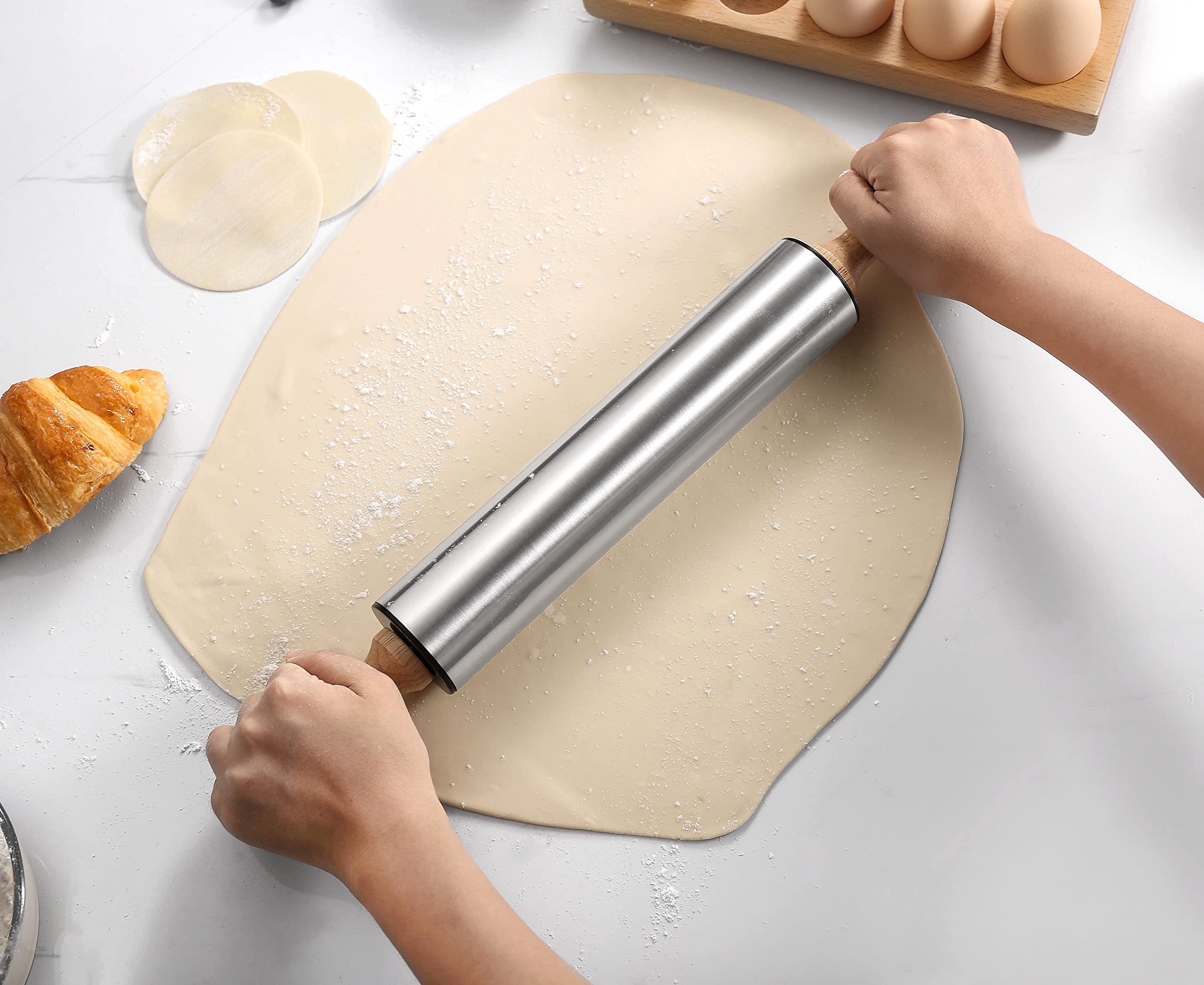 Rolling Pin with Wooden handle,9.6inch Stainless Steel Roller, rolling pins for baking,Which can be used to make Pizza, Pie Crust, Cookies, Pastry,sugar，Pasta and other dough.By Amber&Sean