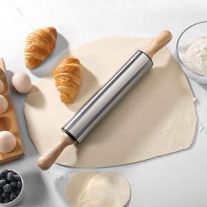 Rolling Pin with Wooden handle,9.6inch Stainless Steel Roller, rolling pins for baking,Which can be used to make Pizza, Pie Crust, Cookies, Pastry,sugar，Pasta and other dough.By Amber&Sean