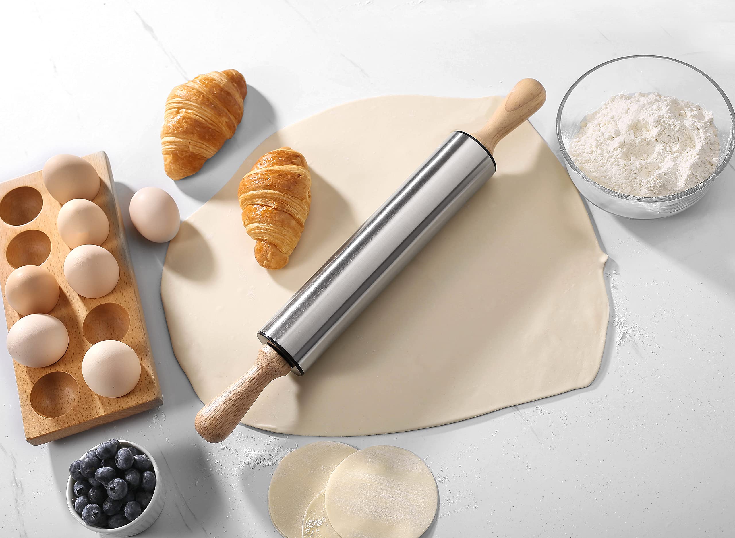 Rolling Pin with Wooden handle,9.6inch Stainless Steel Roller, rolling pins for baking,Which can be used to make Pizza, Pie Crust, Cookies, Pastry,sugar，Pasta and other dough.By Amber&Sean