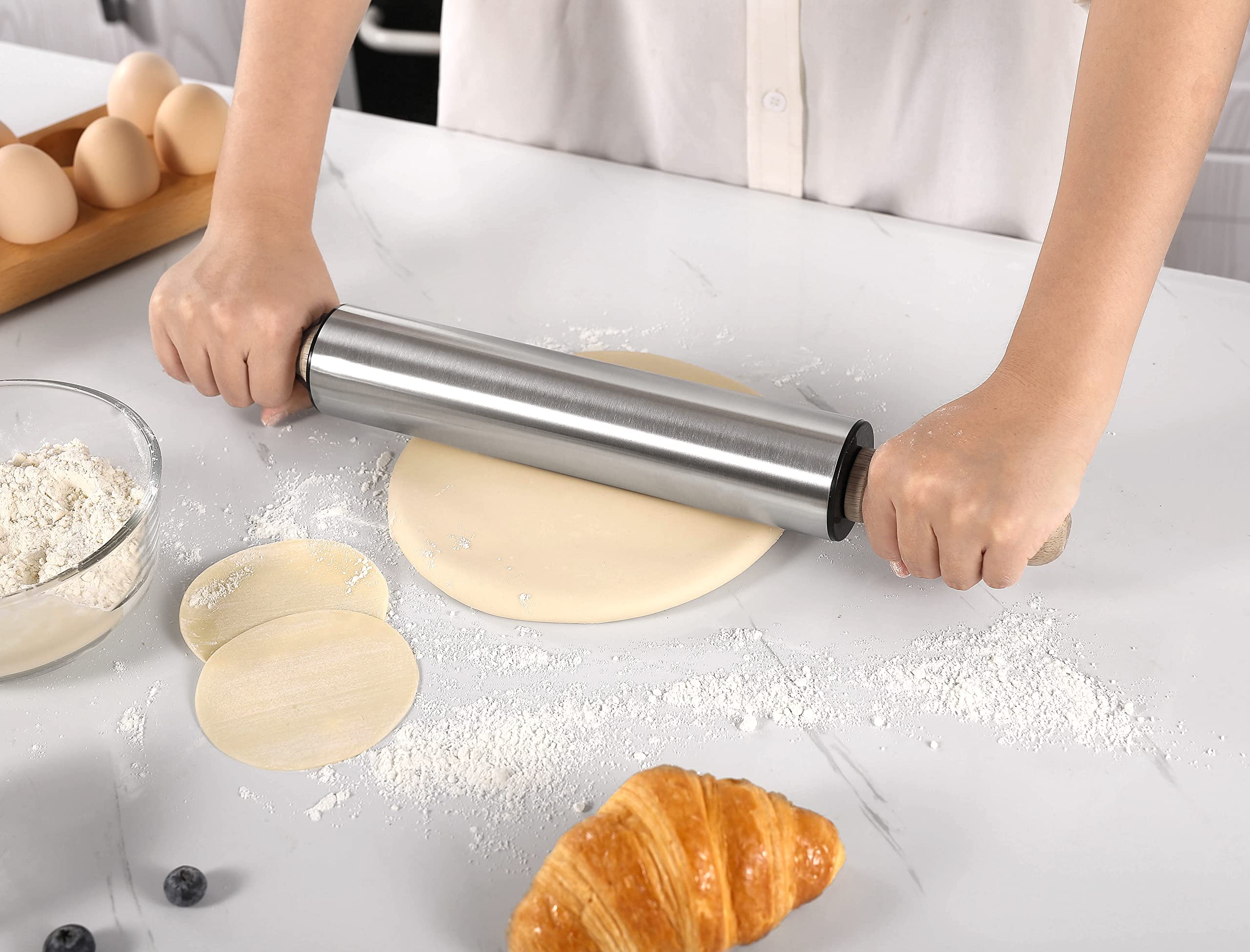 Rolling Pin with Wooden handle,9.6inch Stainless Steel Roller, rolling pins for baking,Which can be used to make Pizza, Pie Crust, Cookies, Pastry,sugar，Pasta and other dough.By Amber&Sean