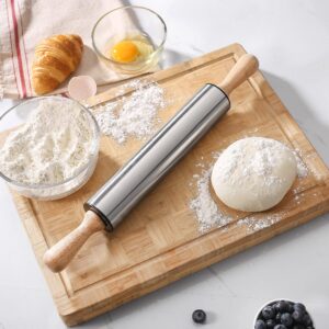 Rolling Pin with Wooden handle,9.6inch Stainless Steel Roller, rolling pins for baking,Which can be used to make Pizza, Pie Crust, Cookies, Pastry,sugar，Pasta and other dough.By Amber&Sean