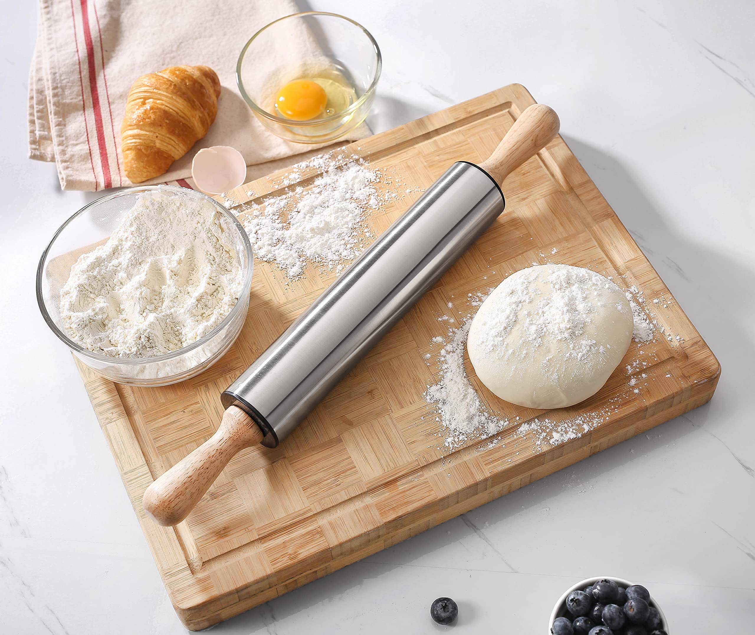 Rolling Pin with Wooden handle,9.6inch Stainless Steel Roller, rolling pins for baking,Which can be used to make Pizza, Pie Crust, Cookies, Pastry,sugar，Pasta and other dough.By Amber&Sean