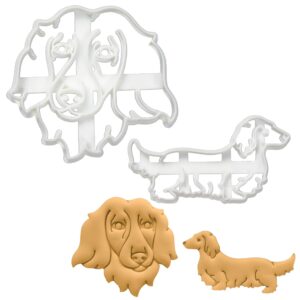 set of 2 long haired dachshund cookie cutters (designs: body & face), 2 pieces - bakerlogy