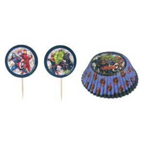 marvel avengers cupcake cases & picks set - 2" (48 pieces) | eco-friendly paper & wood materials - perfect for kids parties & themed events