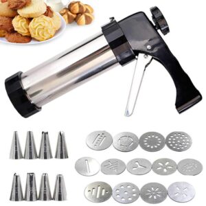 Cookie Press for Baking, Stainless Steel Spritz Cookie Press, Cookie Press Gun Kit with 13 Cookie Press Discs and 8 Icing Tips, for DIY Biscuit Maker, Cake Icing Decoration