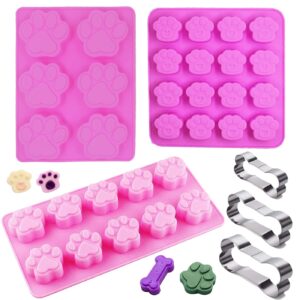set of 6, 3 packs silicone molds puppy dog paw(4 cavity,10 cavity,16 cavity) and 3 packs stainless steel bone cookie cutter,for homemade treats and cat dog animal paw ice candy chocolate baking mold