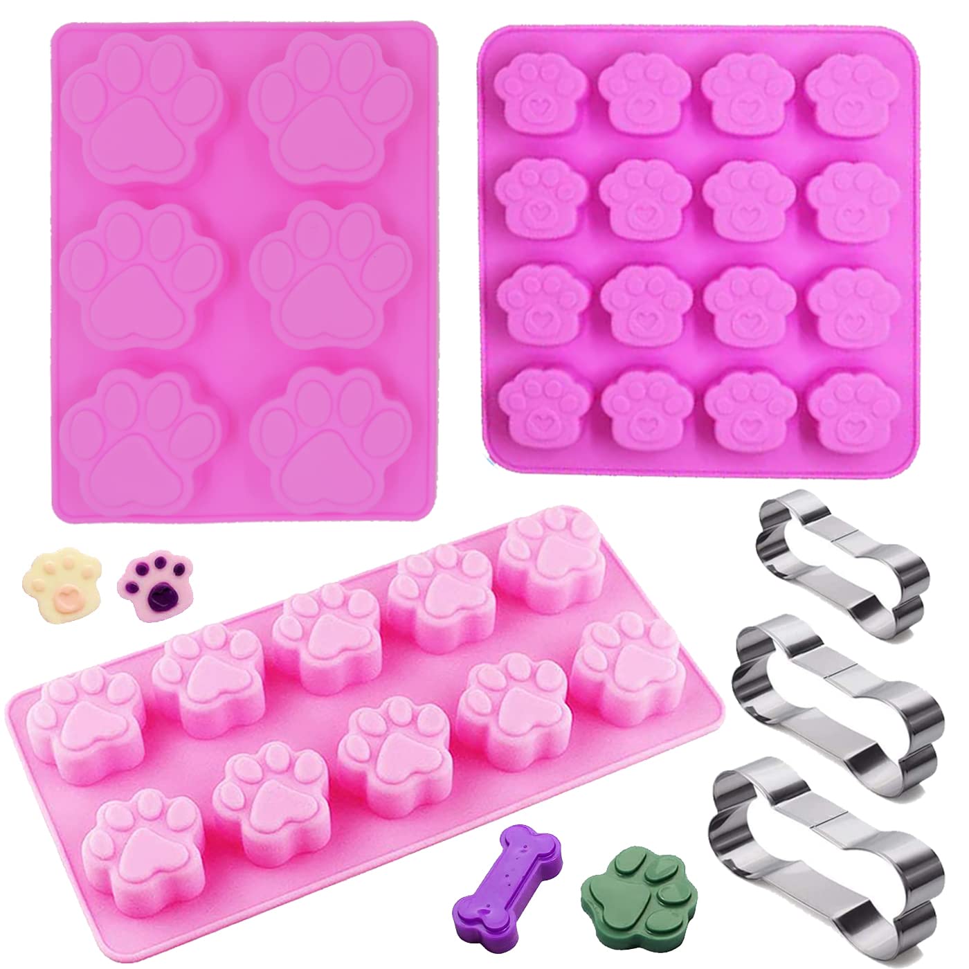 Set of 6, 3 Packs Silicone Molds Puppy Dog Paw(4 cavity,10 cavity,16 cavity) and 3 Packs Stainless Steel Bone Cookie Cutter,for Homemade Treats and Cat Dog Animal Paw Ice Candy Chocolate Baking Mold