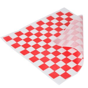 red and white checkered food grade tissue paper, deli basket liner, 12 x 12 inches, dry wax deli wrap paper (pack of 100)