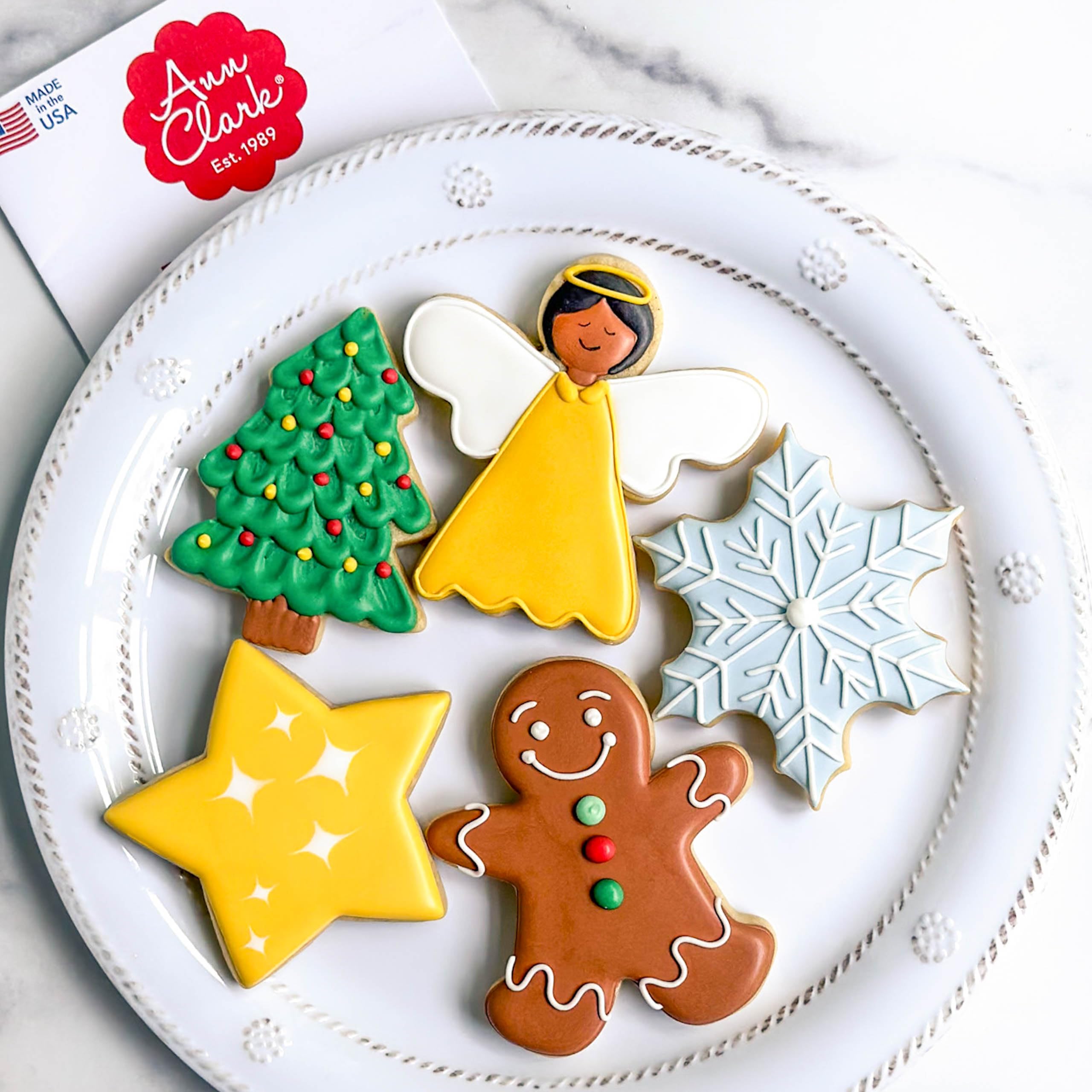 Christmas and Holiday Cookie Cutters 5-Pc Set Made in USA by Ann Clark, Gingerbread Man, Christmas Tree, Star, Snowflake, Angel