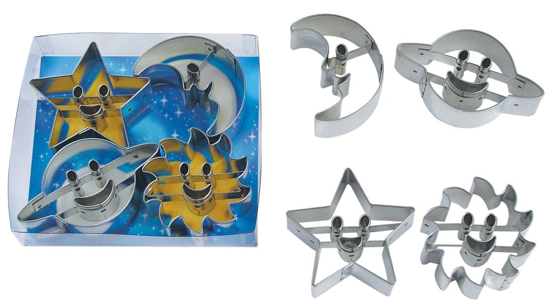 R&M International Astro Space Cookie Cutters, Saturn, Moon, Star, Sun, 4-Piece Set