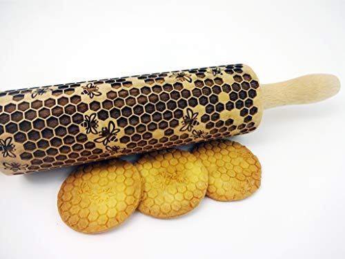 HONEYCOMB EMBOSSING ROLLING PIN LASER ENGRAVED ROLLING PIN WITH BEES PATTERN FOR HOMEMADE COOKIES