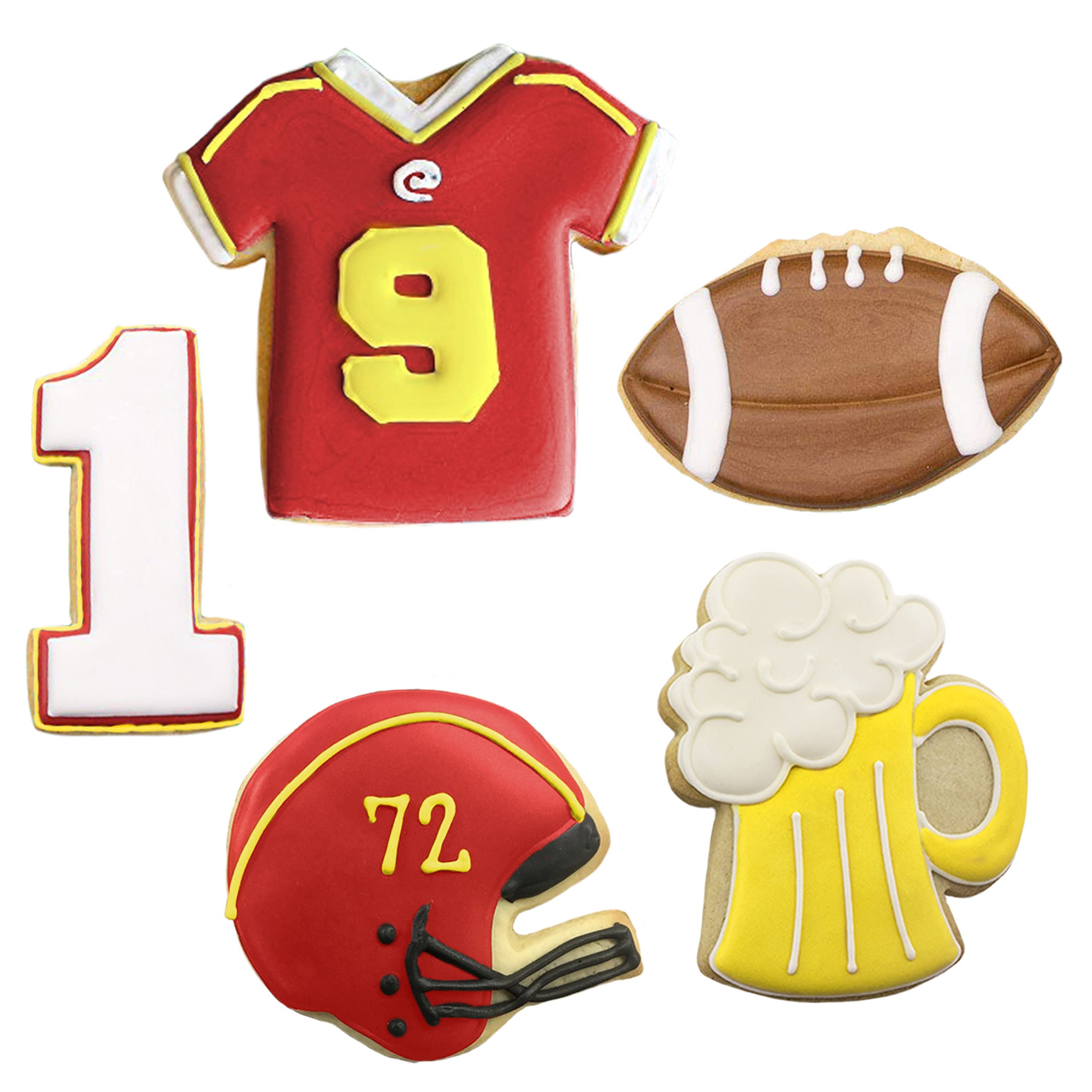 Football Cookie Cutters 5-Pc. Set Made in the USA by Ann Clark, Football, Helmet, Jersey, Beer Mug, Number One