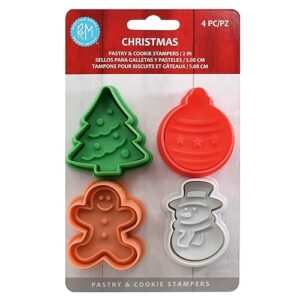 r&m international 0 christmas 2" pastry/cookie/fondant stampers, tree, snowman, gingerbread boy, ornament, 4-piece set