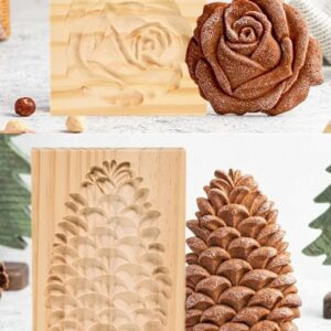Ouhoe Cookie Cutter Embossing Mold,Pine Cone & Rose 2PC Funny Wooden Cookie Stamps for Baking,Gingerbread Mold,Pine Cone Mold,Baking Moulds. (Pine Cone & Rose), 10 x 10 x 2.5cm
