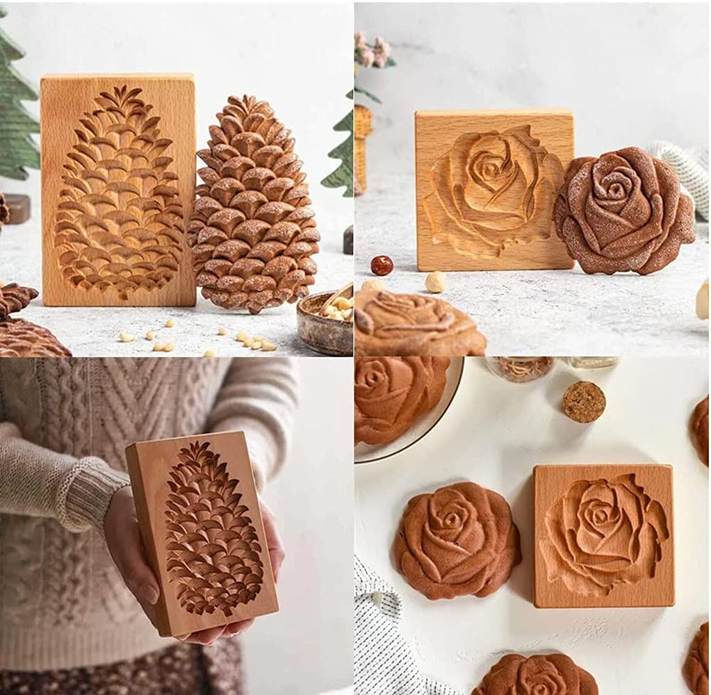 Ouhoe Cookie Cutter Embossing Mold,Pine Cone & Rose 2PC Funny Wooden Cookie Stamps for Baking,Gingerbread Mold,Pine Cone Mold,Baking Moulds. (Pine Cone & Rose), 10 x 10 x 2.5cm
