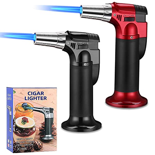 2 Pack Blow Torch,Refillable Butane Torch Kitchen Cooking Torch Lighter with Safety Lock Adjustable Flame for Creme Brulee BBQ Baking—Butane Gas Not Included (Black/Red)