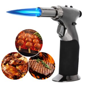 butane torch lighter with adjustable flame, one handed blow torch with safety lock, refillable cooking torch for creme brulee, grilling, desserts, bbq, baking(butane gas not included) (black grey)