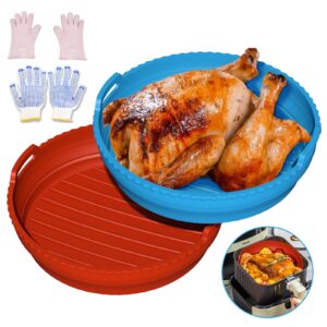 2 pack air fryer silicone liners 8.5 inch foldable silicone air fryer basket liners reusable air fryer silicone pot non stick food safe oven silicone baking liners for 5 to 7 qt air fryer with gloves