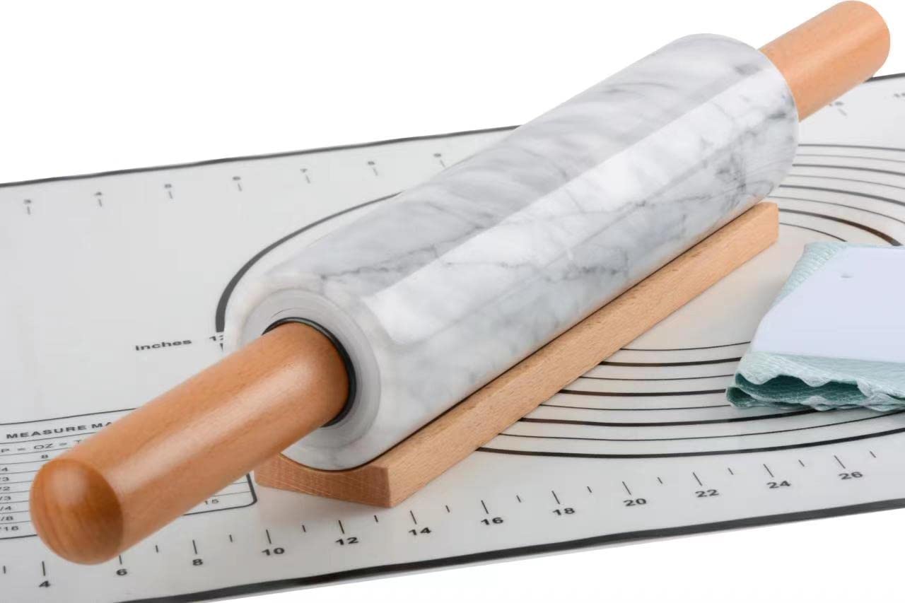 Aisiming Upgraded Marble Rolling Pin Set,Built-in Bearing,Polished 18-inch Roller,Easy Rolling,Beech Wooden Handles and Cradle,with Silicone Baking Mat,Dough Scraper,Easy to Clean(White)