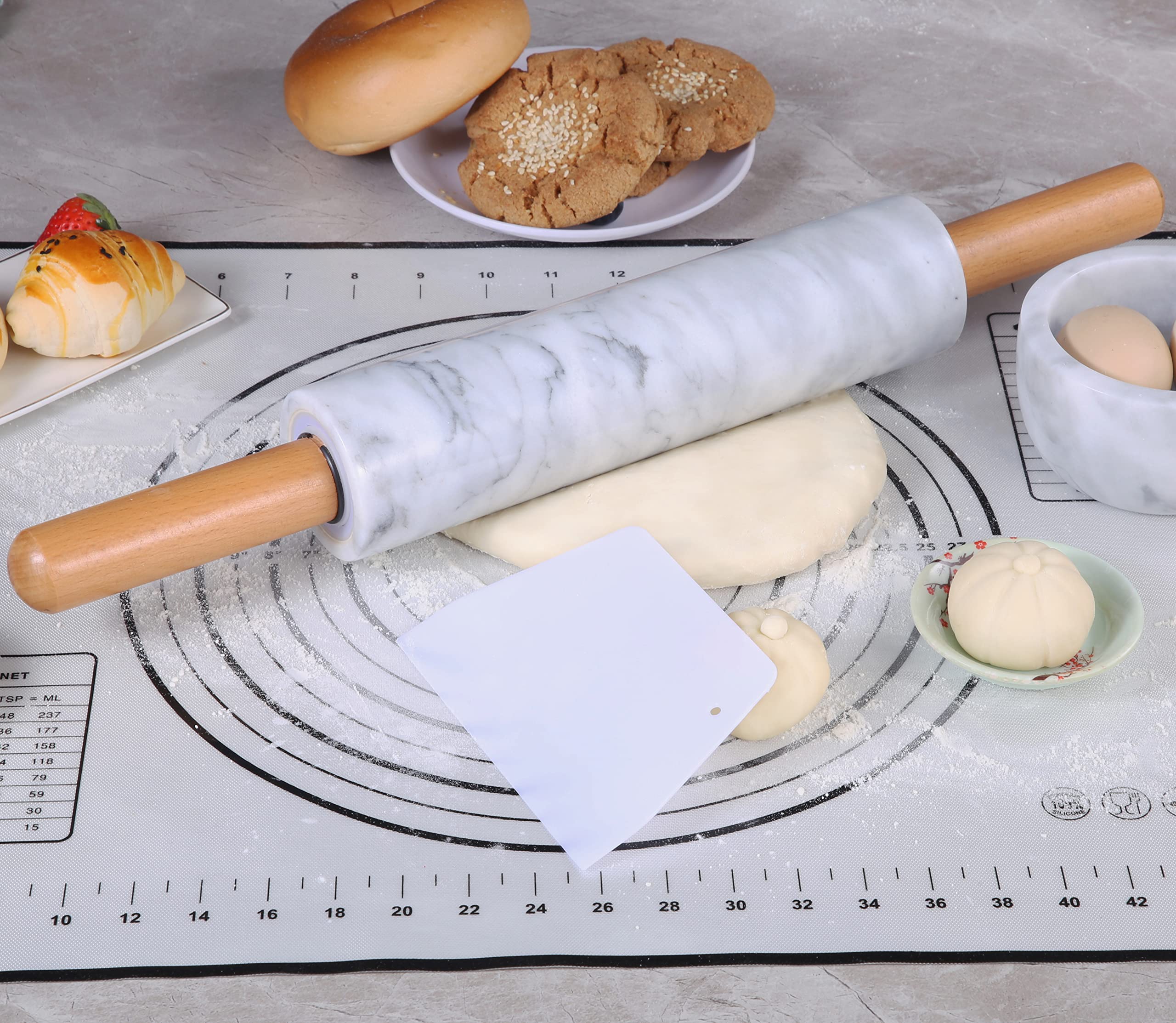 Aisiming Upgraded Marble Rolling Pin Set,Built-in Bearing,Polished 18-inch Roller,Easy Rolling,Beech Wooden Handles and Cradle,with Silicone Baking Mat,Dough Scraper,Easy to Clean(White)