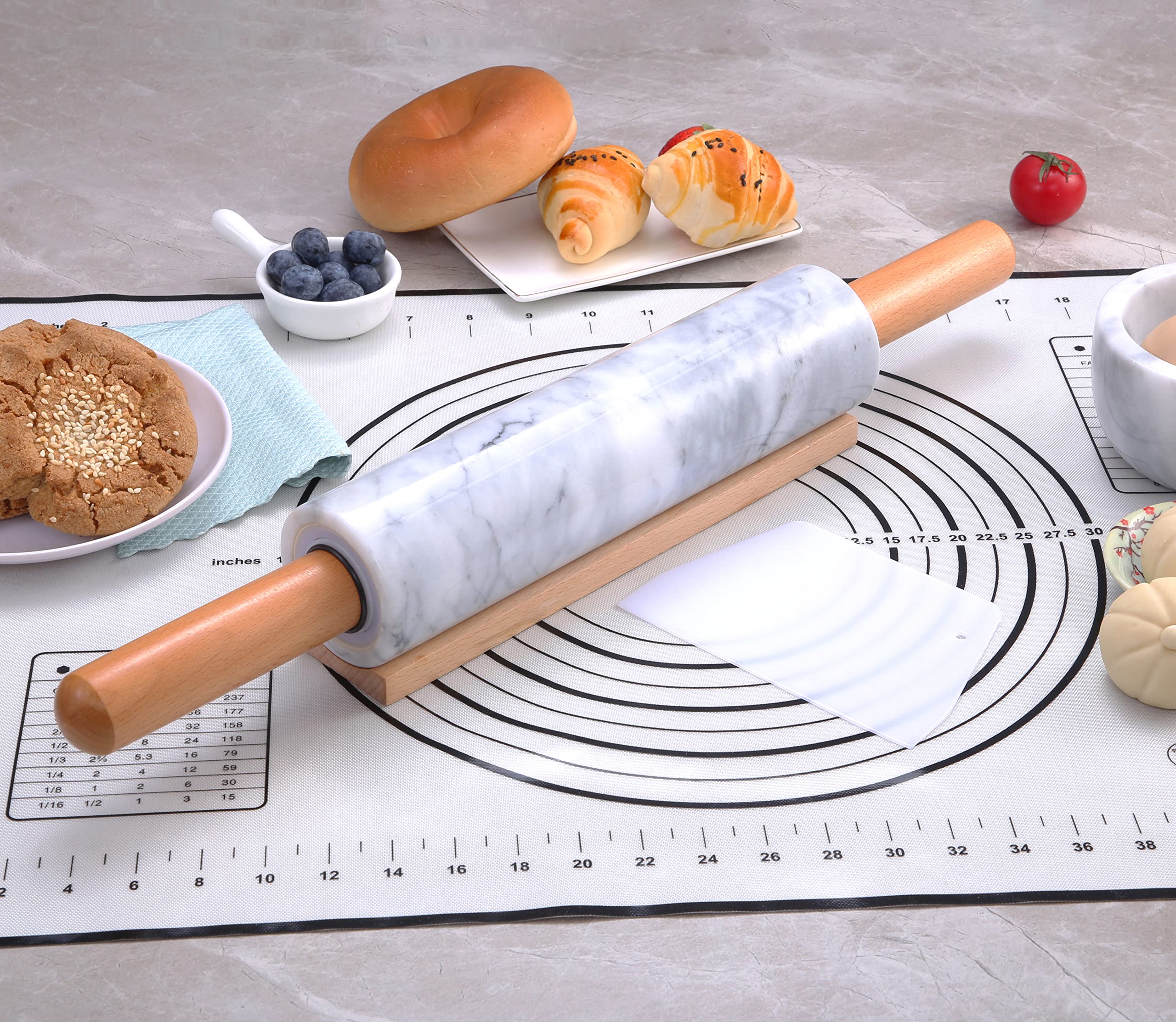 Aisiming Upgraded Marble Rolling Pin Set,Built-in Bearing,Polished 18-inch Roller,Easy Rolling,Beech Wooden Handles and Cradle,with Silicone Baking Mat,Dough Scraper,Easy to Clean(White)