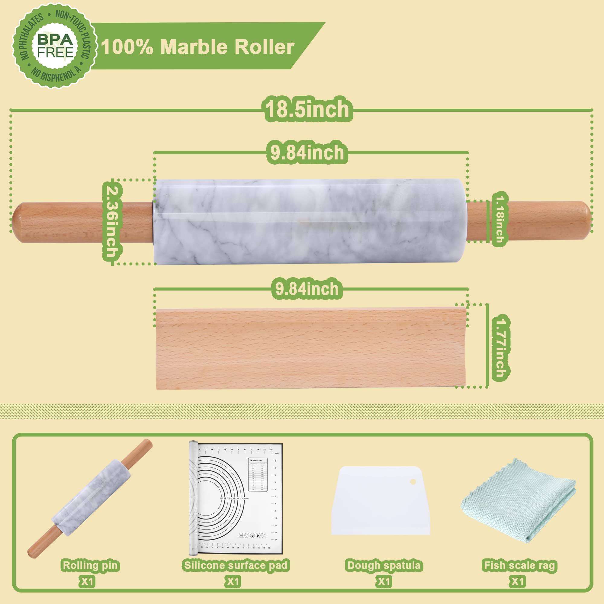 Aisiming Upgraded Marble Rolling Pin Set,Built-in Bearing,Polished 18-inch Roller,Easy Rolling,Beech Wooden Handles and Cradle,with Silicone Baking Mat,Dough Scraper,Easy to Clean(White)