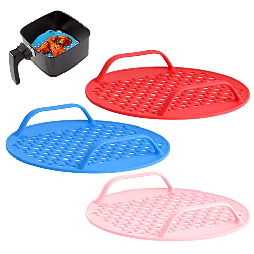 OUTXE 3-Pack Silicone Air Fryer Liners with Handle 8inch Reusable Air Fryer Liners with Raised Dots Air Fryer Inserts for Air Fryer Oven Microwave Accessories (Pink+Red+Blue)