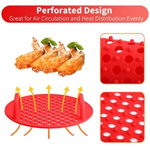 OUTXE 3-Pack Silicone Air Fryer Liners with Handle 8inch Reusable Air Fryer Liners with Raised Dots Air Fryer Inserts for Air Fryer Oven Microwave Accessories (Pink+Red+Blue)