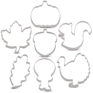 LILIAO Fall Thanksgiving Cookie Cutter Set, 7 Piece, Pumpkin, Turkey, Maple Leaf, Oak Leaf, Turkey Leg, Squirrel and Acorn Biscuit Cutters, Stainless Steel