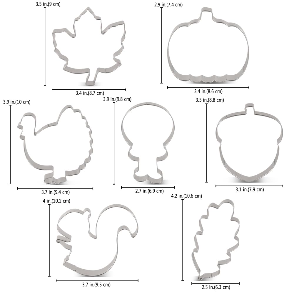 LILIAO Fall Thanksgiving Cookie Cutter Set, 7 Piece, Pumpkin, Turkey, Maple Leaf, Oak Leaf, Turkey Leg, Squirrel and Acorn Biscuit Cutters, Stainless Steel