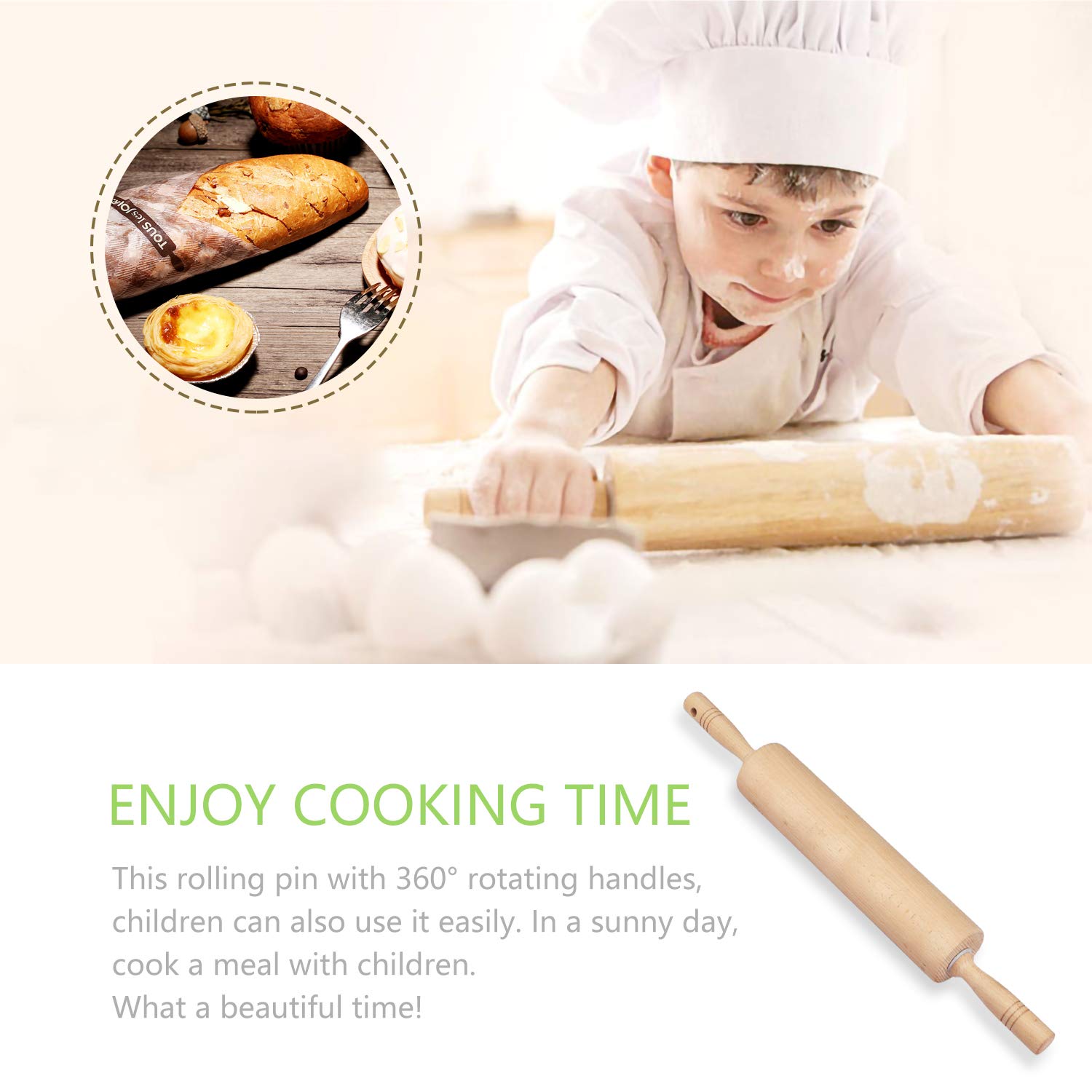 Classic Rolling Pin for Baking 18'' Long - Gifbera Beech Wood Dough Roller Pin with Handles for Bread Pastry Pizza Fondant Pie Crust