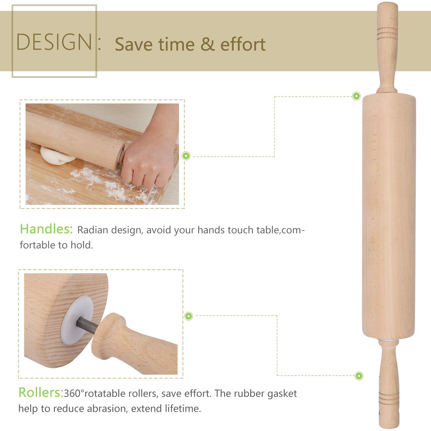 Classic Rolling Pin for Baking 18'' Long - Gifbera Beech Wood Dough Roller Pin with Handles for Bread Pastry Pizza Fondant Pie Crust