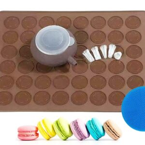 ARTIWARE Food Grade Silicone Brown color Macaron Baking Kit Tray Set w. Piping Pot 4 types of nozzles & 1 Cleaning Scrubbing pad non stick reusable Macaroon Baking Supplies