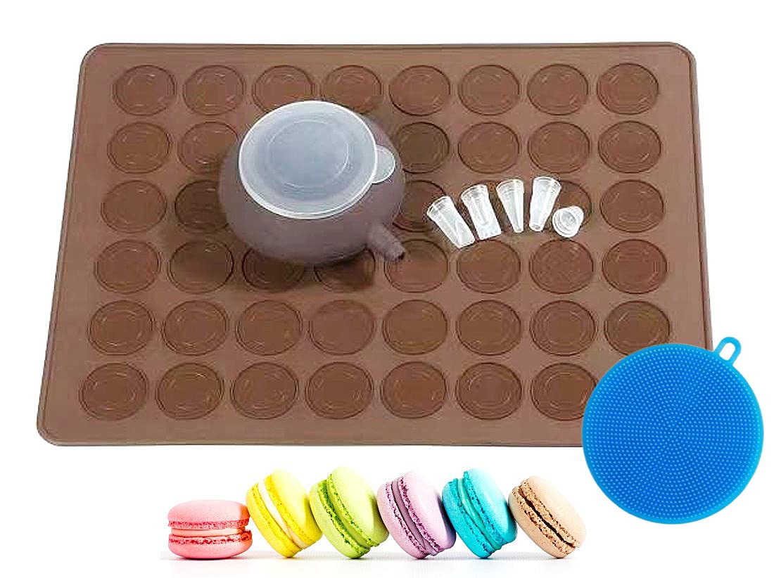 ARTIWARE Food Grade Silicone Brown color Macaron Baking Kit Tray Set w. Piping Pot 4 types of nozzles & 1 Cleaning Scrubbing pad non stick reusable Macaroon Baking Supplies