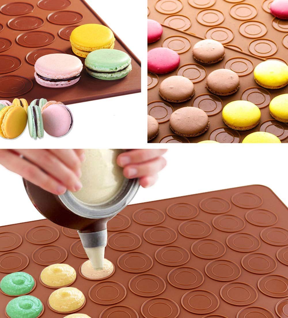 ARTIWARE Food Grade Silicone Brown color Macaron Baking Kit Tray Set w. Piping Pot 4 types of nozzles & 1 Cleaning Scrubbing pad non stick reusable Macaroon Baking Supplies