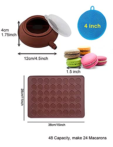 ARTIWARE Food Grade Silicone Brown color Macaron Baking Kit Tray Set w. Piping Pot 4 types of nozzles & 1 Cleaning Scrubbing pad non stick reusable Macaroon Baking Supplies